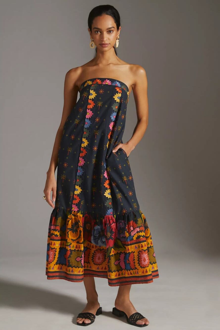 FARM Rio Embroidered Blue Cotton Maxi Dress Strapless NWT Small Medium
